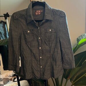 Juicy Couture Blue Vintage Puff Sleeve Chambray Denim Top